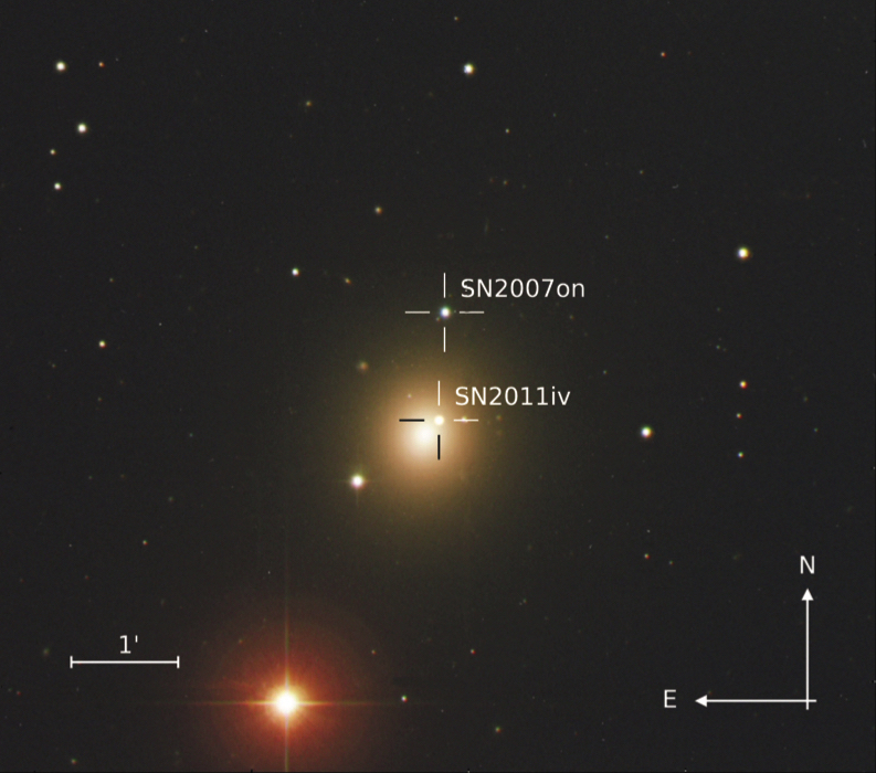 Two type Ia supernovae observed in the elliptical galaxy NGC1404 whose absolute distance has been estimated to be 66 million light years, using the SBF method. Credit: Gall et al. 2017