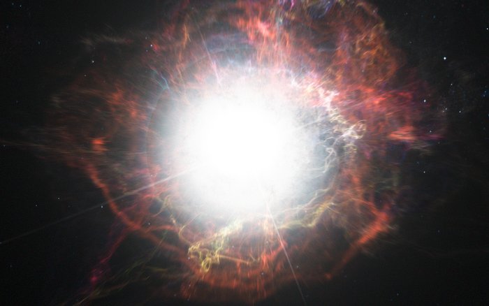 Artist’s impression of the rapid formation of large dust grains in the supernova SN 2010jl (Gall et al. 2014) from the European Southern Observatory (ESO) press release https://www.eso.org/public/unitedkingdom/news/eso1421/